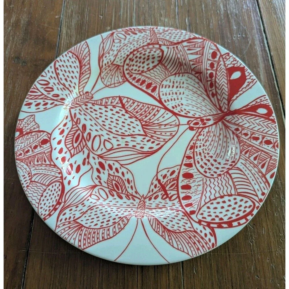 Anthropologie Dinner Plate Red White Butterfly Art NEW Glossy 10.75